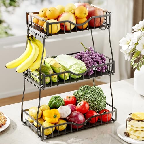 3 Tier Fruit Basket for Kitchen Countertop with 2 Banana Hangers,...