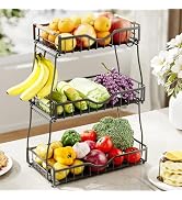 THKVESN 3 Tier Fruit Basket for Kitchen Countertop with 2 Banana Hangers,Detachable Metal Fruit B...