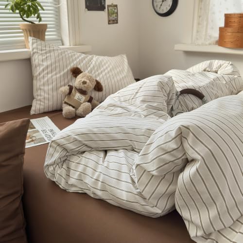 Image of MKXI Twin XL Size Beige Brown Striped Duvet Cover Set - 3 Piece Vintage Aesthetic Bedding, Lightweight Breathable Comforter Cover, Washed Cotton Feel Neutral Bedroom Decor with Zipper Closure