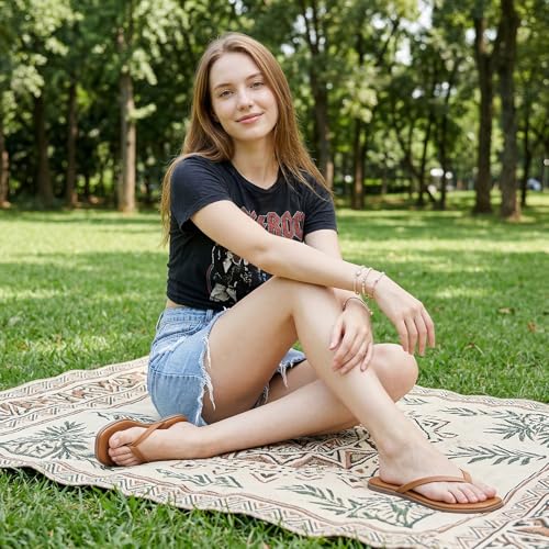 Image of Rihero Flip Flops for Women Comfortable Square Toe Beach Sandals Slip On Leather Thong Flat Sandals Dressy