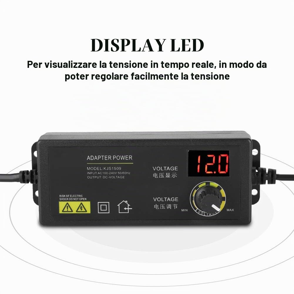 Akozon Adattatore di Alimentazione Regolabile 60W - Alimentatore Universale 3-12V con Display LED
