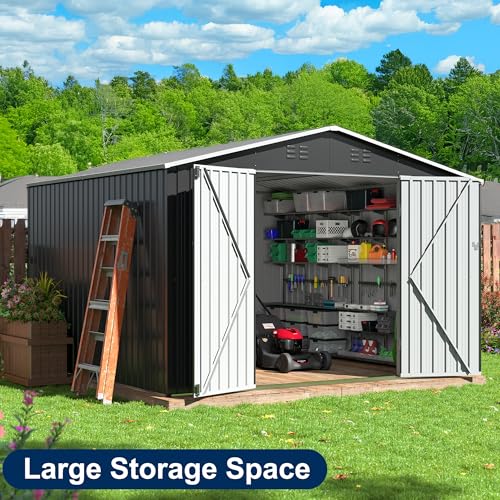 Image of AirWire 10x10 FT Storage Shed, Garden Shed with Updated Frame Structure and Lockable Doors, Metal Tool Sheds for Backyard Garden Patio Lawn, Grey
