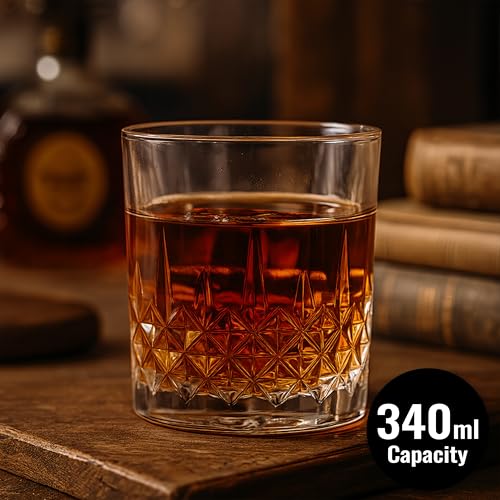 Image of Whiskey Glass Set - Whisky Glasses - Crystal Clear Tumbler Set for Scotch, Bourbon, Cocktails & Old Fashioned, 340 ml Stylish Heavy Base Glassware for Bar, Home, Party & Gift, WHISKEYGLASS 6 CRYST