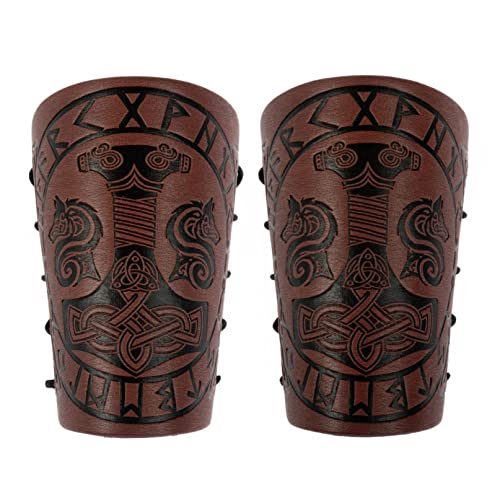 COSFAN Brazales vikingos, puños de armadura de cuero, guanteletes de brazo en relieve de martillo de Thor, muñequera de guantelete Medieval, disfraz de tiro con arco LARP para hombres (Marrón)