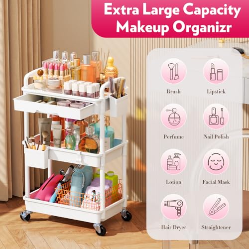 Image of SUNALLY Makeup Cart Organizer with Drawer,3 Tier Rolling Makeup Cart, White