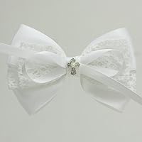Vista 2 de 1 lazo de pelo blanco de 4 pulgadas para niñas pequeñas, arco de bautizo, accesorios para el cabello (lazo de encaje de algodón blanco con cruz)