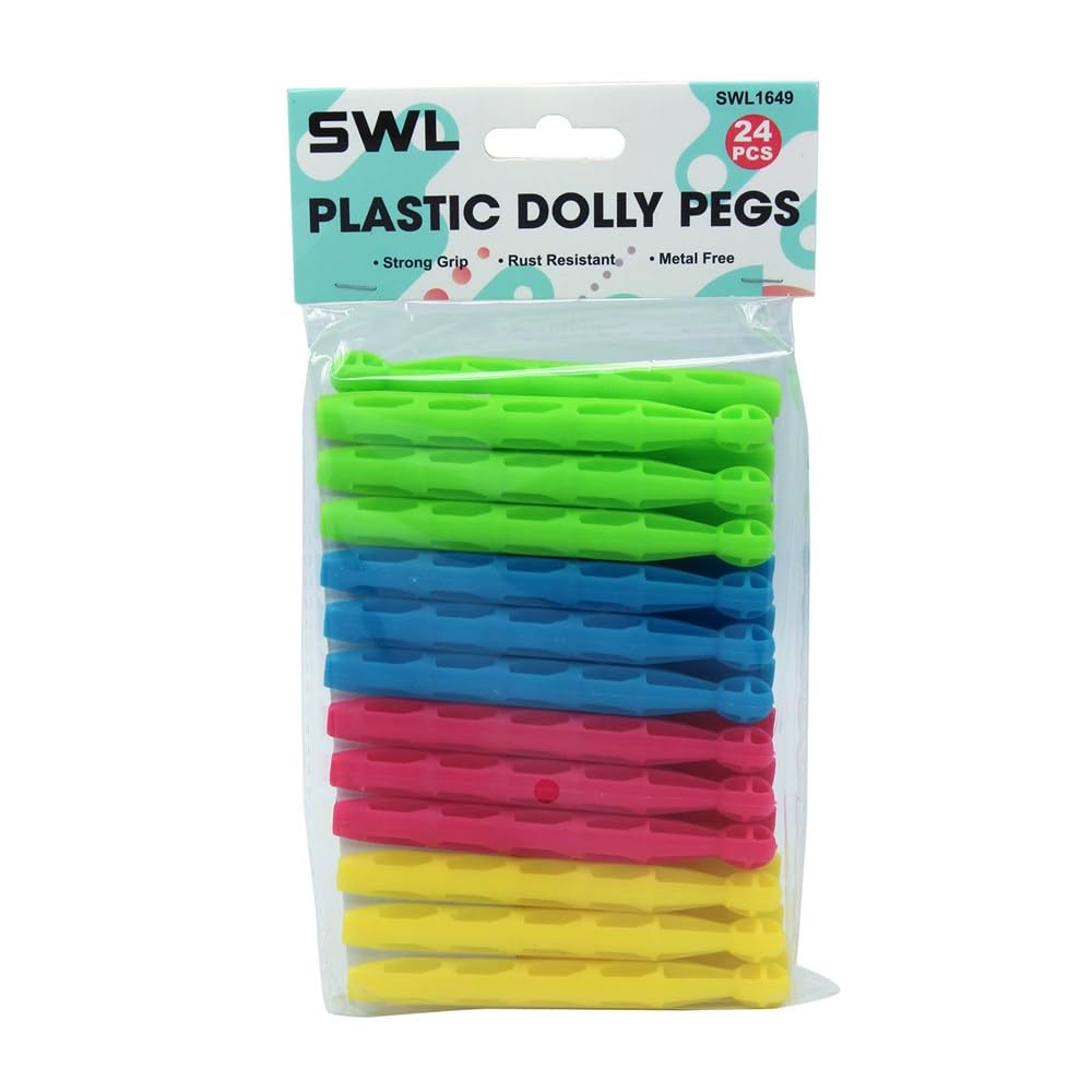 SWL Plastic Dolly Pegs – 24 Pack | Metal-Free Clothes Pegs with Secure Grip | Rust-Resistant Laundry Pegs for Indoor & Outdoor Drying