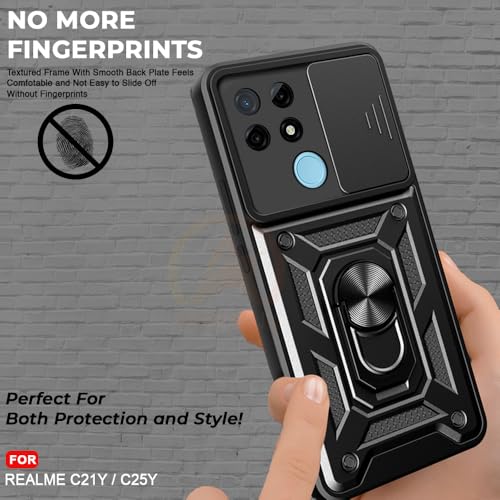 Image of Armor Bumper Back Cover Case for Realme C21Y / C25Y Rotating Camera Cover, Ring Holder & Kickstand | Heavy Duty & 360 Degree Protection Realme C21Y / C25Y Back Cover (Black)