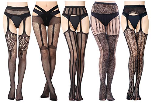 Pack 5 Mujeres Pantimedias Sexy de Rejillas con Liguero, VicSec Medias Liguero...