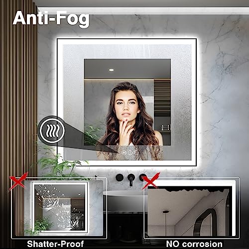 36x36 Square LED Bathroom Mirror - Black Aluminum Framed (Front and Backlit), Anti-Fog Vanity Mirror with Lights, Stepless Dimmable Lighted Mirror,3 Colors Smart Mirror(Horizontal/Vertical)