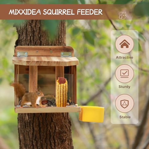 MIXXIDEA Wooden Squirrel Feeder with Water Bowl, Large Capacity Squirrels Feeders for Outside, Sturdy Construction, No Assembly Lovely Chipmunk Feeder for Corn, Peanut, Nuts, Chestnuts (Brown-1pk)