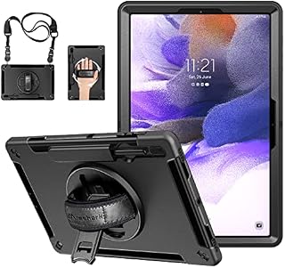 Case for Samsung Galaxy Tab S7 FE 2021: Heavy Duty 3-layer Shockproof S7 FE Protective Case Military Grade Case for Tab S7 Plus 12.4 inch with 360°Rotating Kickstand - Hand/ Shoulder strap - Black