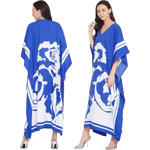 Image of Oussum Women Plus Size Dresses Kimono Caftan Maxi Dress Floral Polyester Long Mumu House Beach Cover Up 1X-3X Summer Wear