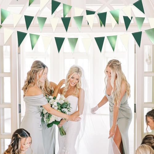 Image of Sage Green Decorations Hanging Paper Pennant Banner Flag Green Beige Triangle Bunting Garland for Birthday Baby Shower Wedding Engagement Neutral Safari Wild One Woodland Jungle Theme Party Supplies
