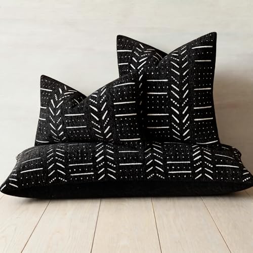Image of Foindtower Set of 2 Decorative Chenille Jacquard Throw Pillow Covers Textured Farmhouse Vintage Cushion Covers Modern Boho Accent Home Decor for Sofa Chair Couch Bedroom Living Room,18x18 Inch,Black