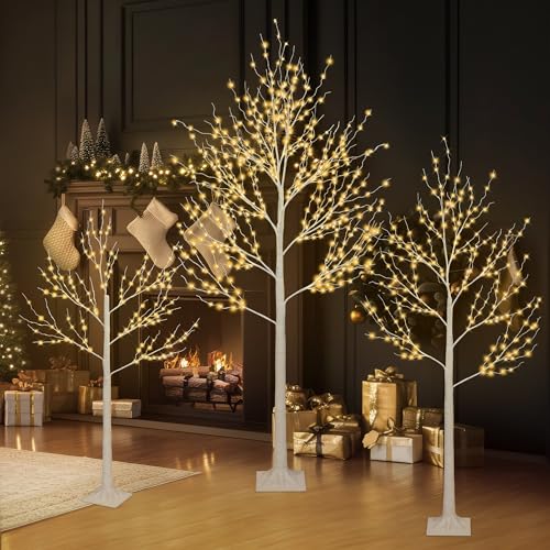 HUGROVE Lighted Birch Tree,4FT/5FT/6FT White Twinkle Christmas Tree with LED,Warm White,Adjustable...