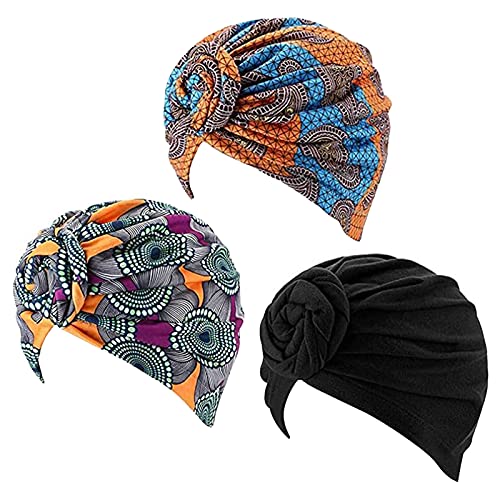 Ever Fairy Women Turban African,3 Packs Knot Sleep Pattern Headwrap Beanie Pre-Tied Bonnet Chemo Makeup Cap Hair Loss Hat (3 Piece Set B)