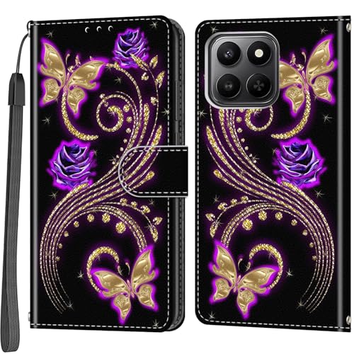 Étui Honor 400 Smart 4G/5G en cuir antichoc avec porte-cartes et motif papillon doré