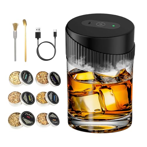 Juego de horno de humo de cóctel de whisky eléctrico con 6 patatas fritas de madera, kit de humo de whisky recargable para humo, accesorios para cócteles, regalo para hombres, regalo de whisky