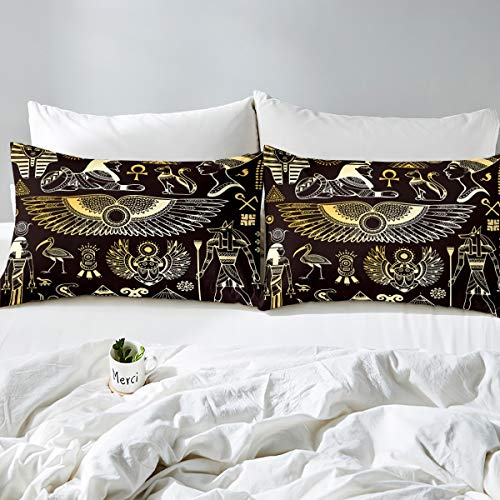 Loussiesd Ancient Egypt Comforter Cover Set for Kids Boys Adults Egyptian Tribe Duvet Cover Pyramid Printed Bedding Set Egypt Culture Quilt Cover Bedroom Decor 3Pcs Bedcloths Super King Black Golden - Image 3
