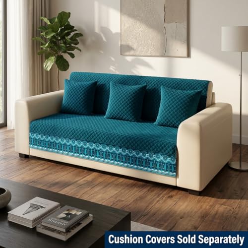 Image of KINGLY Sofa Cover 4 Seater Fully Covered | Stretchable Anti-Slip Slipcover | Washable Furniture Protector | Teal Blue | Set of 2 | Seat & Back |
