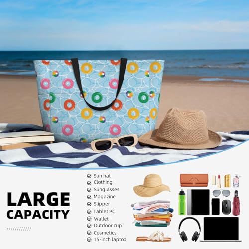 Large Beach Bags Water-resistant Sandproof - Swim rings floating Cute Beach Tote Bags for Women with Zipper4