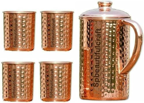 HRS India - Brocca per acqua in puro rame, martellata, 2 litri, 4 bicchieri in vetro, 300 ml, benefici per la salute