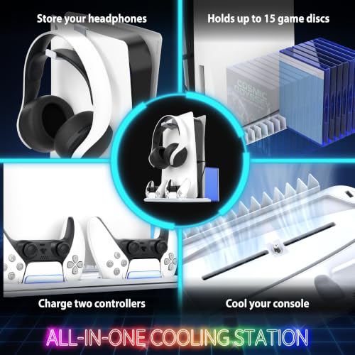 Image of Fosmon for PS5 /Slim /Pro Cooling Station and Charging Stand Vertical Controller Charger, Fan Cooler System with RGB Light,15 Game Slot, USB Port, Gaming Headset Holder for PS5 Console Accessories Kit