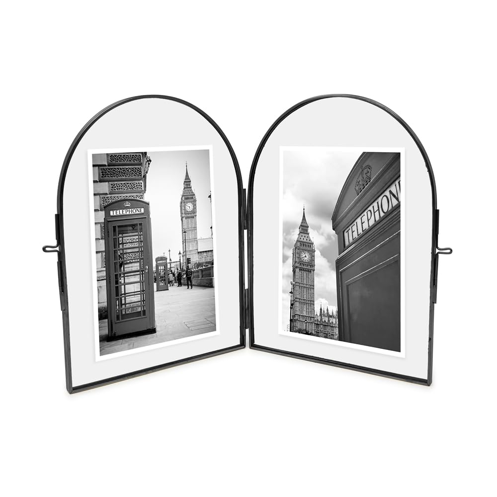 Isaac Jacobs Black 5X7 Vintage Style, Double-Sided Arched Brass & Glass Metal Floating Picture Frame With Locket Closure (Vertical), Made For Tabletop Display (5X7 Vertical, )