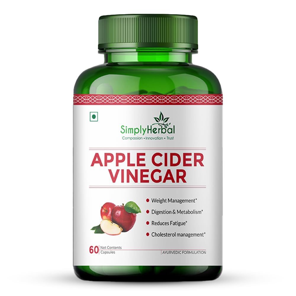 Simply Herbal Organics Apple Cider Vinegar 500mg Supplement for Weight Management | ACV Capsules, Probiotics Blend, Boost Metabolism, Belly Fat Loss- 60 Veg Capsules