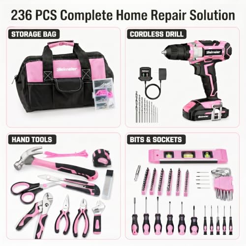 Image of Bielmeier 20V 236Pcs Cordless Pink Drill Set for Women, Lady's Essential Home Tool Kit with Pink Bag, Perfect DIY Electric Screwdriver Set for Home Repair & Gifts