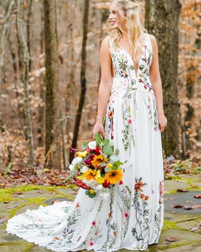 Floral Wedding Dresses for Bride Embroidered Chiffon Bridal Dress Long Boho Outdoor Wedding Gowns3