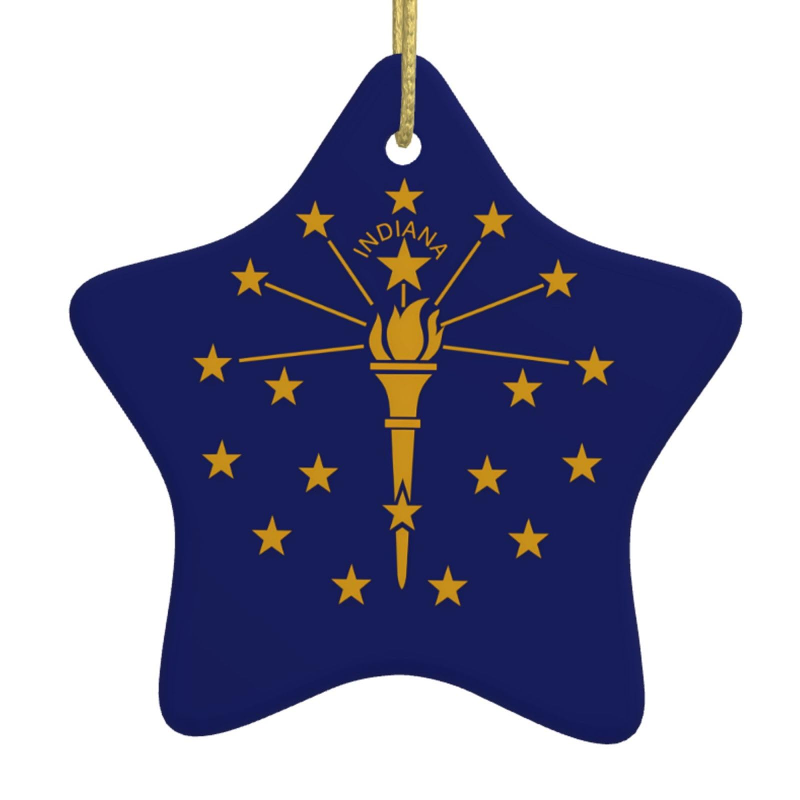 Indiana State Flag Christmas Ceramic Star Pendant with Punched Holes and Gold Wire Rope, Christmas Tree Home Decoration