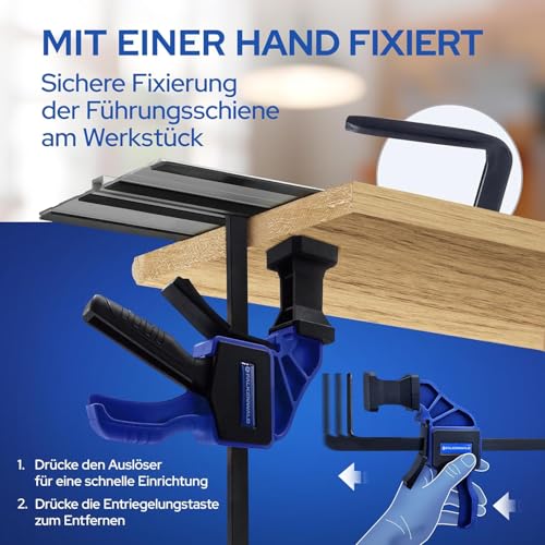 Falkenwald® Einhandzwinge Set 2 Stück zum Spannen, Dehnen, Fixieren mit einer Hand - Klemmzwinge für Führungsschiene - Spannzwinge Zwingen Einhandzwingen