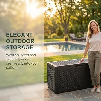 100 Gallon Deck Box, Waterproof Resin Rattan Outdoor Storage Box with Lockable Lid, Fade Resistant Patio Storage Box for Garden Tools, Pool Accessories, Outdoor Cushions, Black
