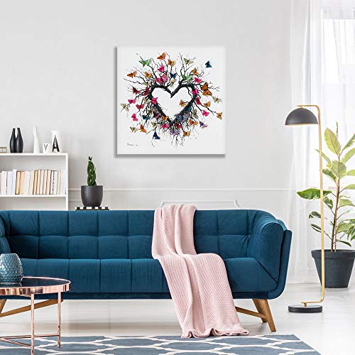 Love Tree Wall Art Painting: Posters For Room Aesthetic Butterflies Heart Shaped Branches Print Home Decorations For Living Room Framed Easy To Hang (24"X24"X1 Panel) #TOP4