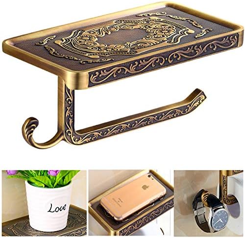 Fredysu Bronze Toilet Paper Holder, Antique Brass Toilet Paper Towel Holder, Premium Wall Mounted Bathroom Paper Holde with Shelf and Hook
