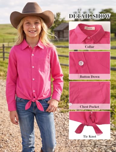 Image of Noomelfish Girls Long Sleeve Button Down Shirt Tie Front Western Tops Cowgirl Outfit (5-14 Years)