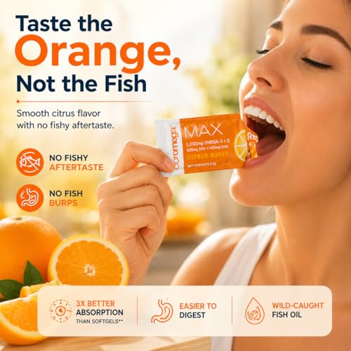 Image of Coromega - MAX Omega-3 Fish Oil + Vitamin D - 30 Packets - Citrus Burst | 2400mg Omega-3s, Wild-Caught Fish Oil, 3X Better Absorption Than Softgels, No Fishy Taste, Daily Squeeze Packets