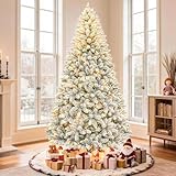QLOFEI 180cm Albero di Natale Artificiale con Neve e 300 LED Bianco Caldo, Albero di Natale Innevato con 856 punte & Supporto in Metallo, Montaggio Rapido per Soggiorno Negozio e Ufficio