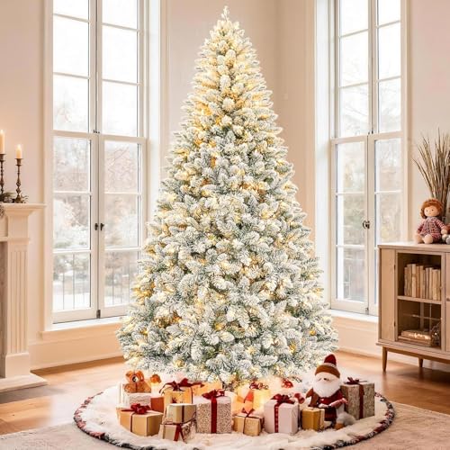 QLOFEI 180cm Árvore de Natal Artificial Nevada com Neve e 300 Luzes LED Quentes, Árvore de Natal com Luzes Incorporadas, 856 Pontas e Suporte de Metal para Casa Escritório Comércio Festa