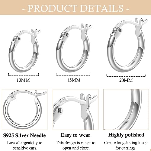 Fcebsty 3 Pairs 925 Sterling Silver Hoop Earrings thumb #1