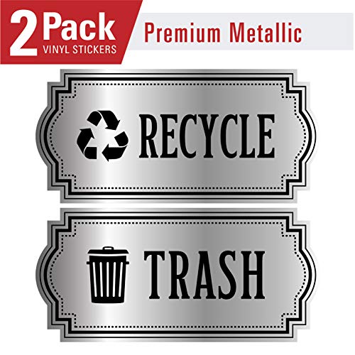 Recycle And Trash Logo Symbol - Elegant Golden Look For Trash Cans, Containers, And Walls - Laminated Vinyl Decal (Xsmall, Silver - Elegant 2) #TOP2