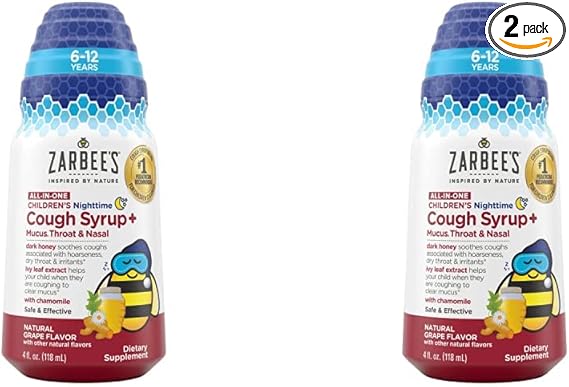 Zarbee's Kids All-in-One Nighttime Cough for Children 6-12 with Dark Honey, Turmeric, B-Vitamins & Zinc, 1 Pediatrician Recommended, Drug & Alcohol-Free, Grape Flavor, 4FL Oz (Pack of 2)