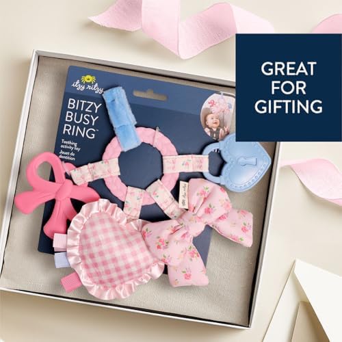 Itzy Ritzy Teething Activity Toy - Bitzy Busy Ring Infant Teething Toy Features Braided Ring & Dangling Toys, Includes Teether, Textured Ribbons, Crinkle Sound & Jingle Bell - 0 Months & Up (Bow) - 5