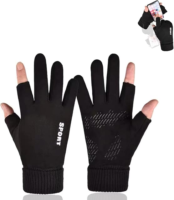 HITNEXT mens winter gloves, 2-Fingerless Warm Fishing Biking Work gloves, thermal Bicycle Gloves for men womens