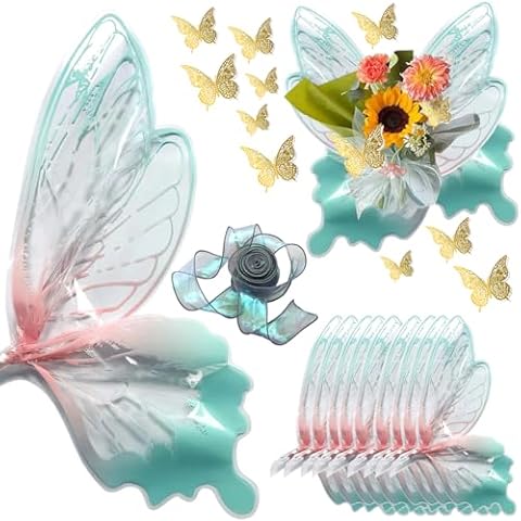 AbluFirst 20 Sets - 20 × 22 Inches Waterproof Butterfly Flower Wrapping Paper OPP Clear floral paper Ribbon 12PCS 3D Gold Butterfly for Florist Supplies DIY Craft Cover