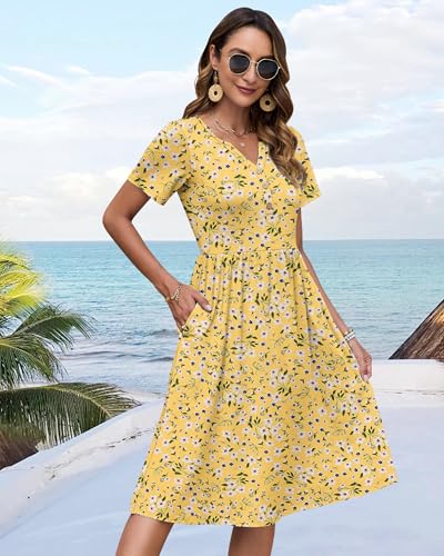 Image of WNEEDU Women V Neck Button Down Empire Waist Midi Summer Dress with Pockets