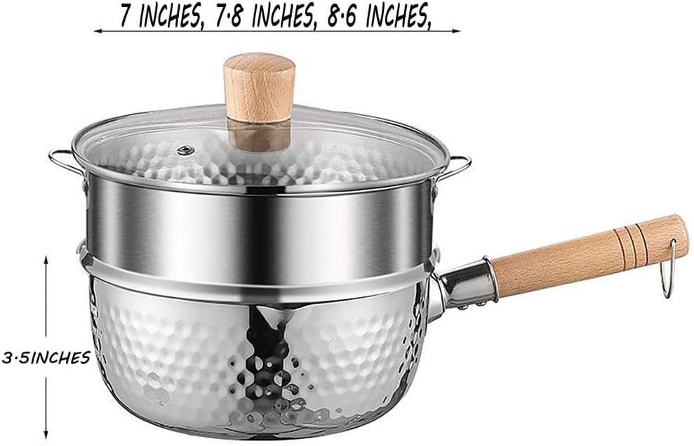 Stainless Steel Saucepan With Steamer,Food Grade 304, Milk Sauce Pan Traditional Japanese Small Cooking Pot With Wood Handle And Two Side Spouts(7 inches)