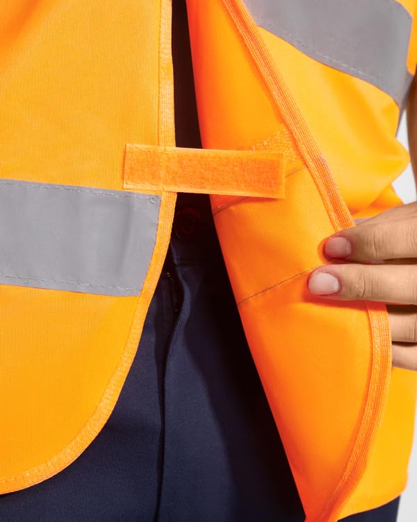 C&P Chaleco de seguridad personalizado alta visibilidad de cuello pico Con dos cintas reflectantes en pecho y espalda Cierre de velcro ajustable (Naranja) Pack de 20